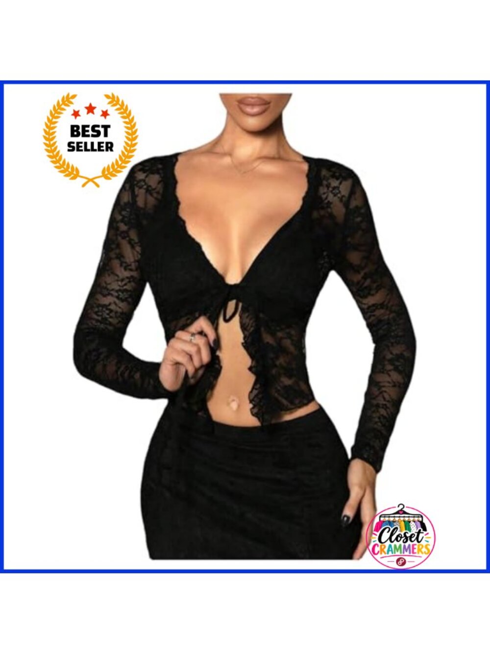 Lace Tie Front Crop Top Ruffle Sheer Mesh Long Sleeve Blouse